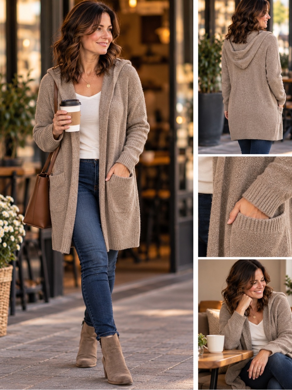 Cozy Hooded Open-Front Cardigan Sweater - Taupe